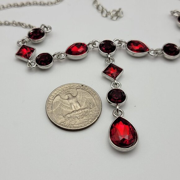 Silver-Tone Red Crystal Y-Drop Necklace 21 Inch Adjustable Lobster Clasp - Picture 6 of 6